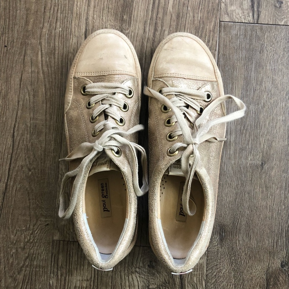 Paul Green Lace Up Muchen Light Gold Metallic/ Beige Leather Sneakers 8.5